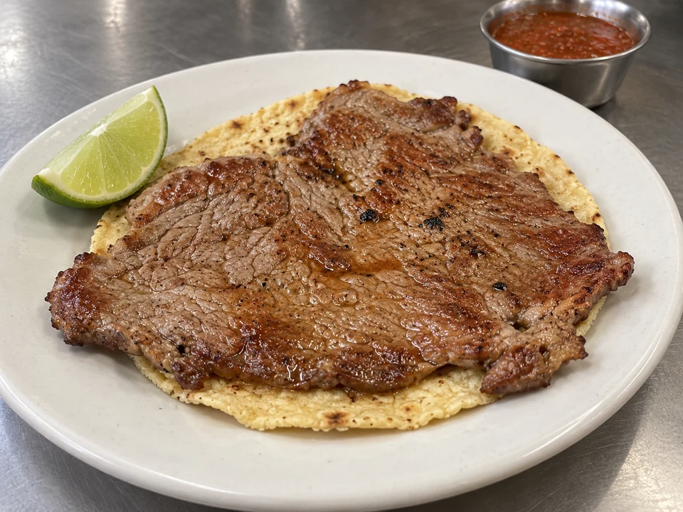 A single thin griddled beef steak covering a handmade corn tortilla.