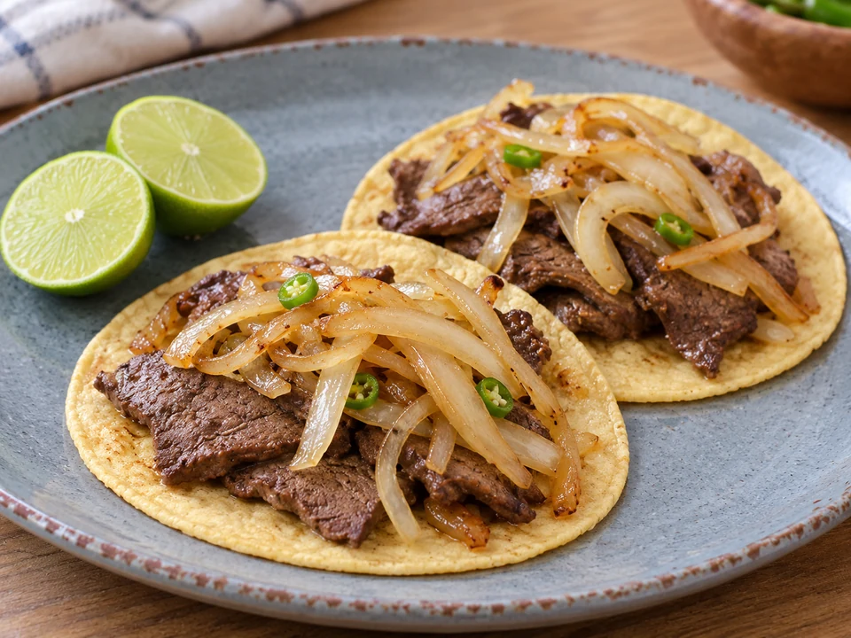 Corn tortillas with cooked beef liver slices and sauteed onions.