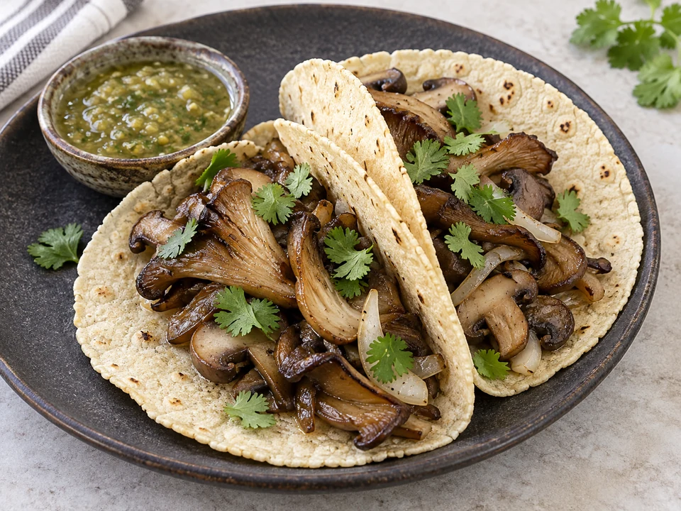 Corn tacos filled with sauteed mushrooms and onions, with cilantro.