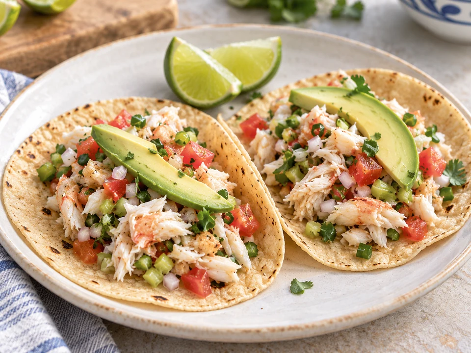 Corn tortillas filled with flaked crab salpicon, vegetables and avocado.
