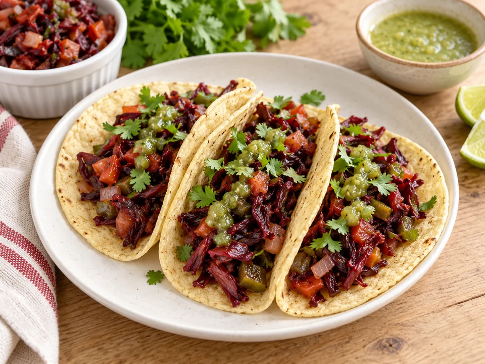 Corn tortillas with burgundy hibiscus petals, tomato, onion and green salsa.