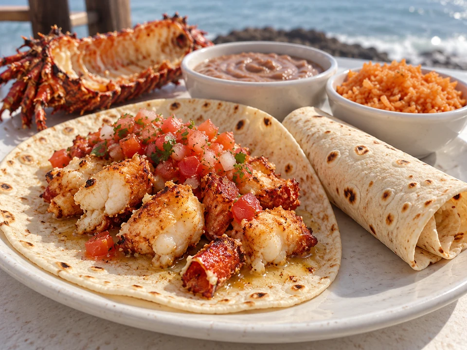 Flour tortilla with cooked lobster chunks, rice and refried beans beside it.
