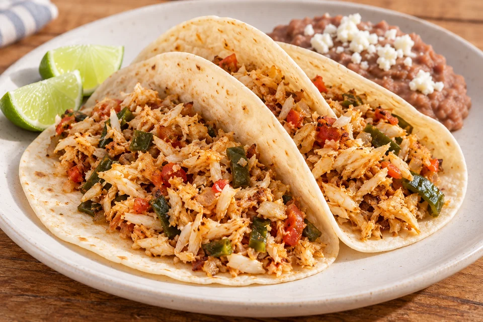 Flour tortillas filled with shredded fish, tomato, onion and green chile.