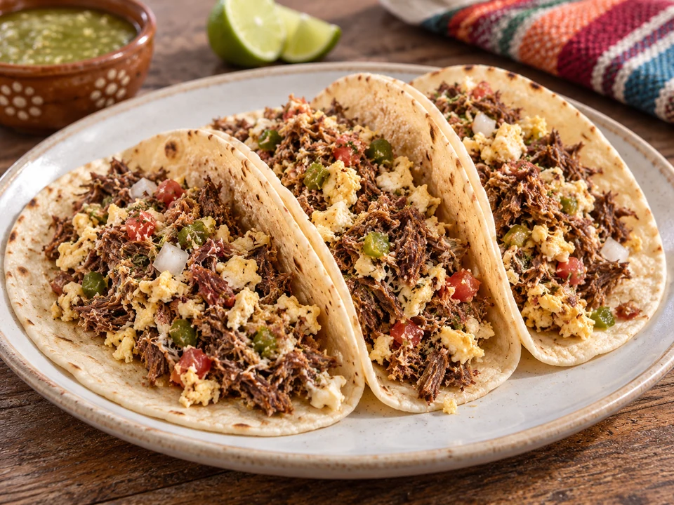 Shredded dried beef scrambled with egg, tomato and chile in flour tortillas.