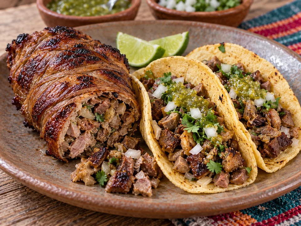 Roasted intestine-wrapped offal bundle with tacos of chopped machitos.