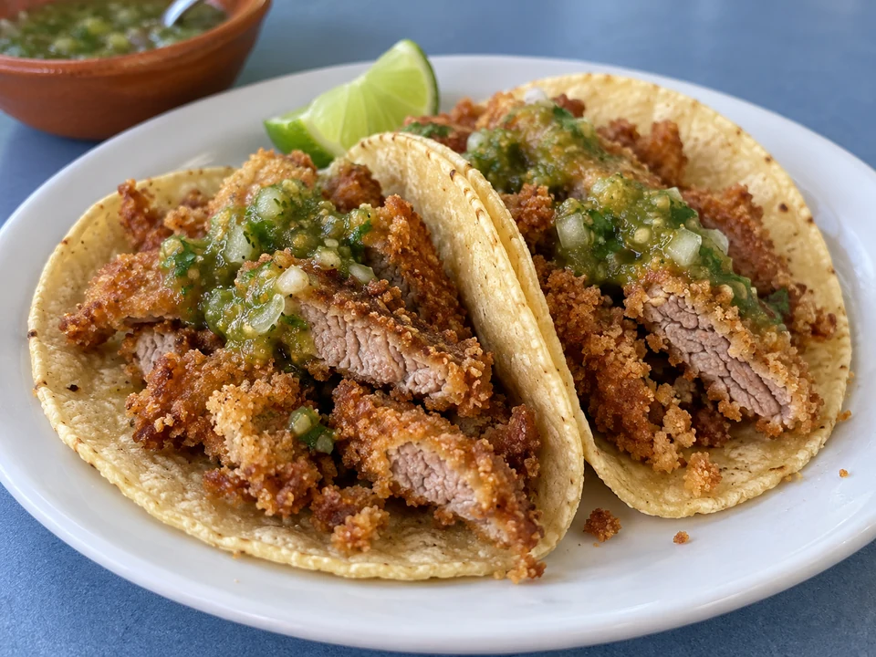 Corn tortillas filled with breaded beef milanesa strips and salsa verde.