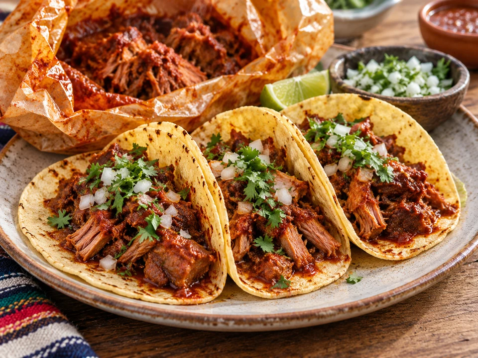 Adobo-coated steamed meat served in corn tortillas beside its opened cooking parcel.