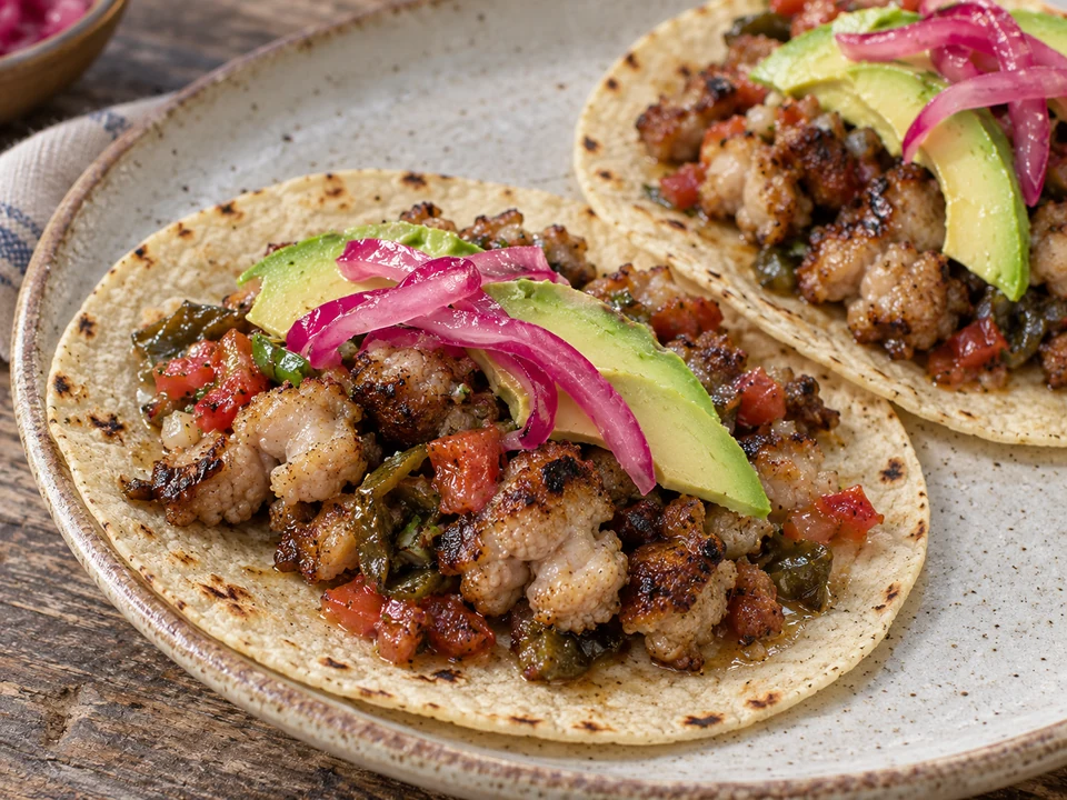 Corn tacos with browned grilled sweetbreads, avocado and pickled onion.