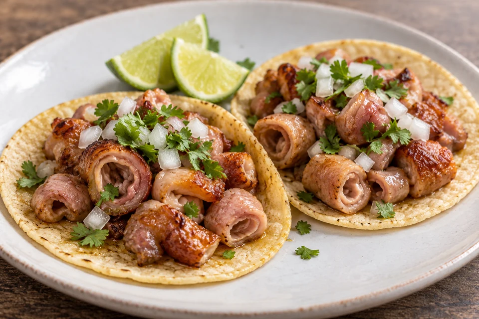 Corn tortillas with cooked nana pieces, onion, cilantro and lime.