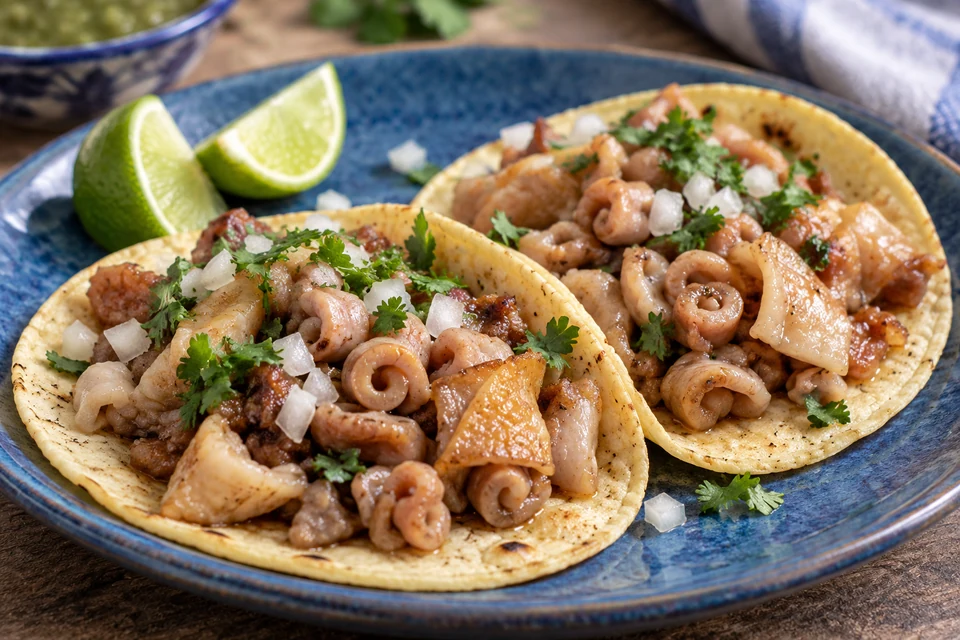 Corn tortillas with mixed cooked nana and buche, onion and cilantro.