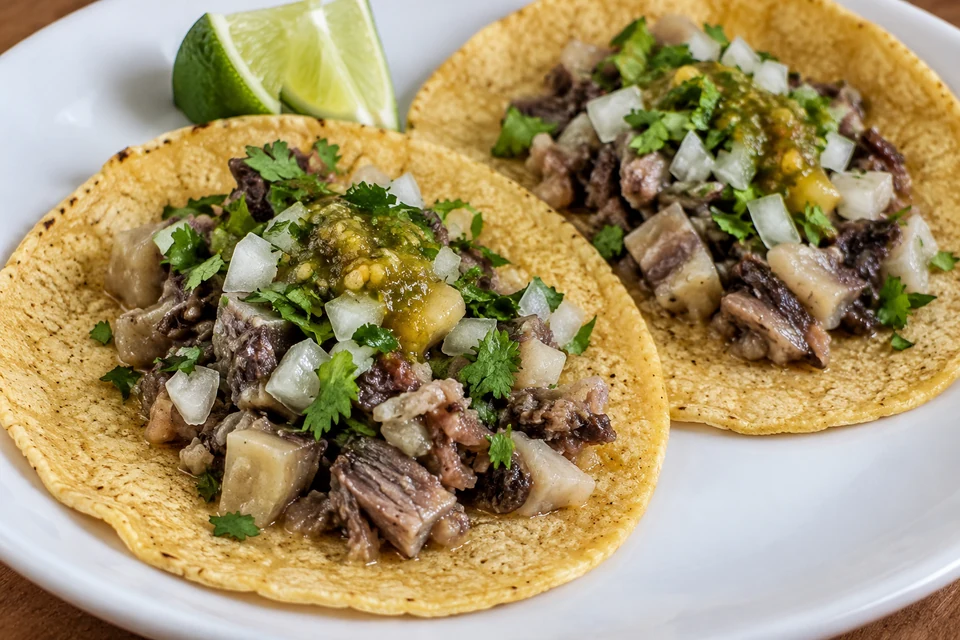 Corn tortillas with chopped cooked beef-eye tissue, onion, cilantro and salsa verde.
