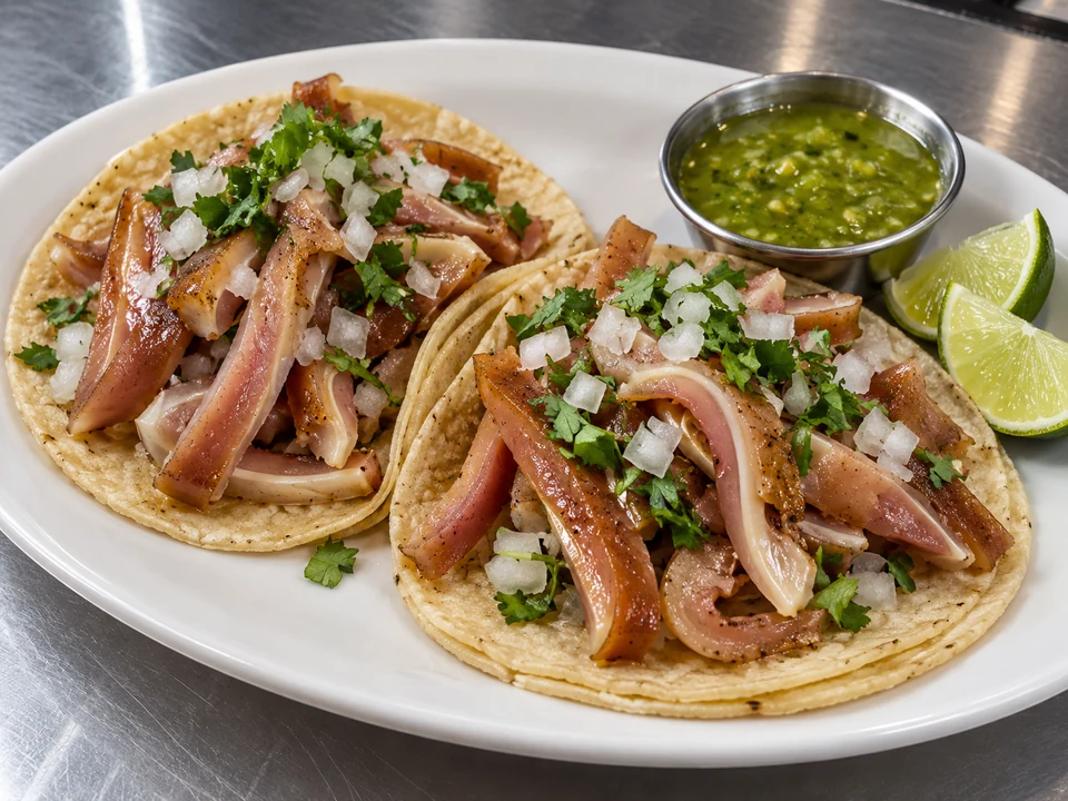 Corn tortillas filled with cooked pig-ear strips showing pale cartilage, onion and cilantro.