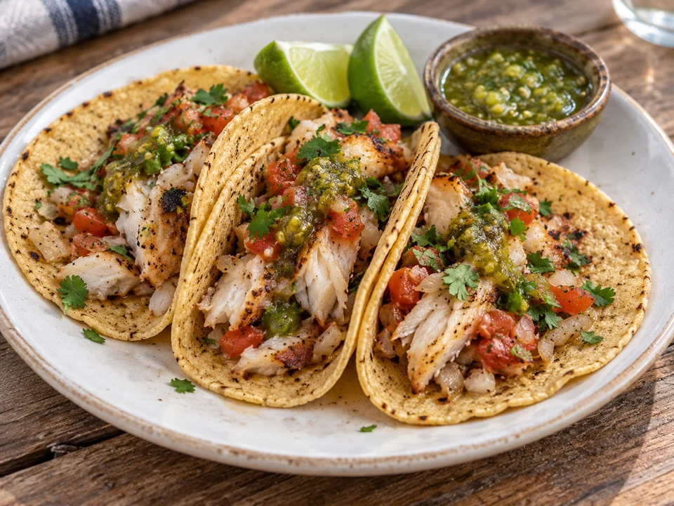 Grilled pejelagarto fish flakes in corn tortillas with salsa.