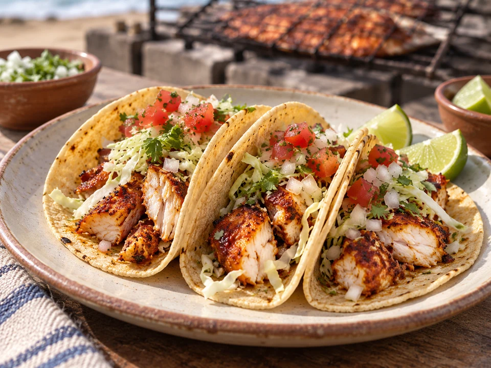 Char-grilled marinated fish flakes in corn tacos with cabbage and salsa.