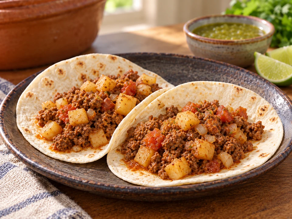 Flour tortillas with ground beef, potato, tomato and onion picadillo.