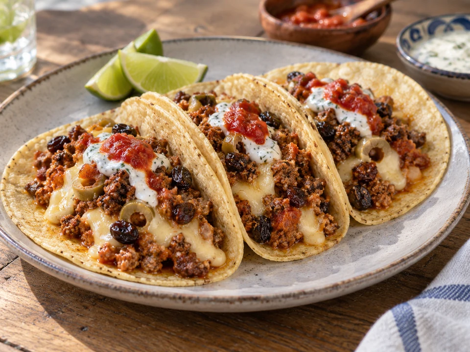 Yucatecan pork picadillo and Edam cheese tacos with white kol and tomato sauces.