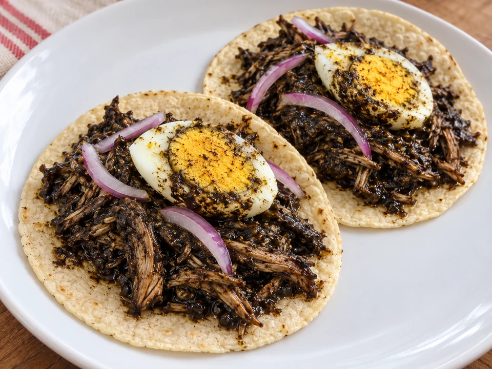Dark recado-coated shredded turkey on corn tortillas topped with boiled egg and red onion.