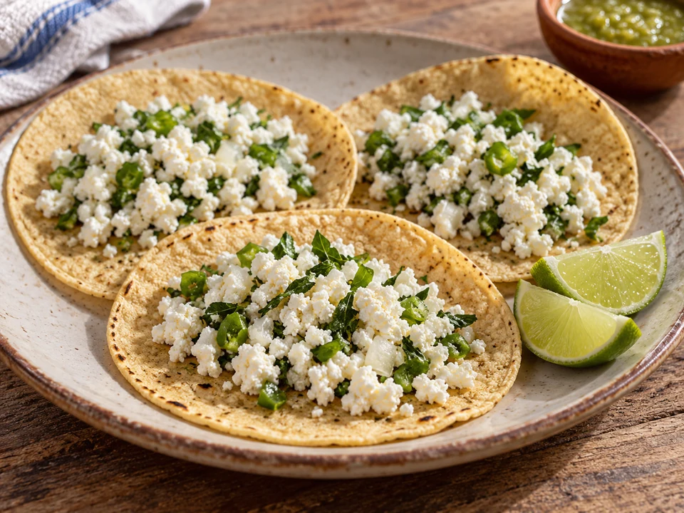 Soft white whey cheese seasoned with epazote, onion and green chile in corn tortillas.