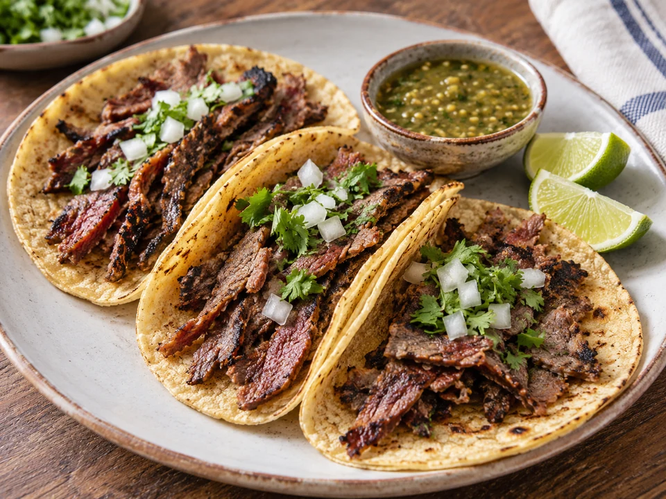 Thin ribbons of grilled Oaxacan salt-cured beef in corn tortillas.