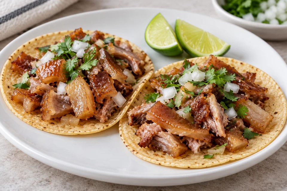 Corn tortillas with cooked pork snout pieces, onion, cilantro and lime.