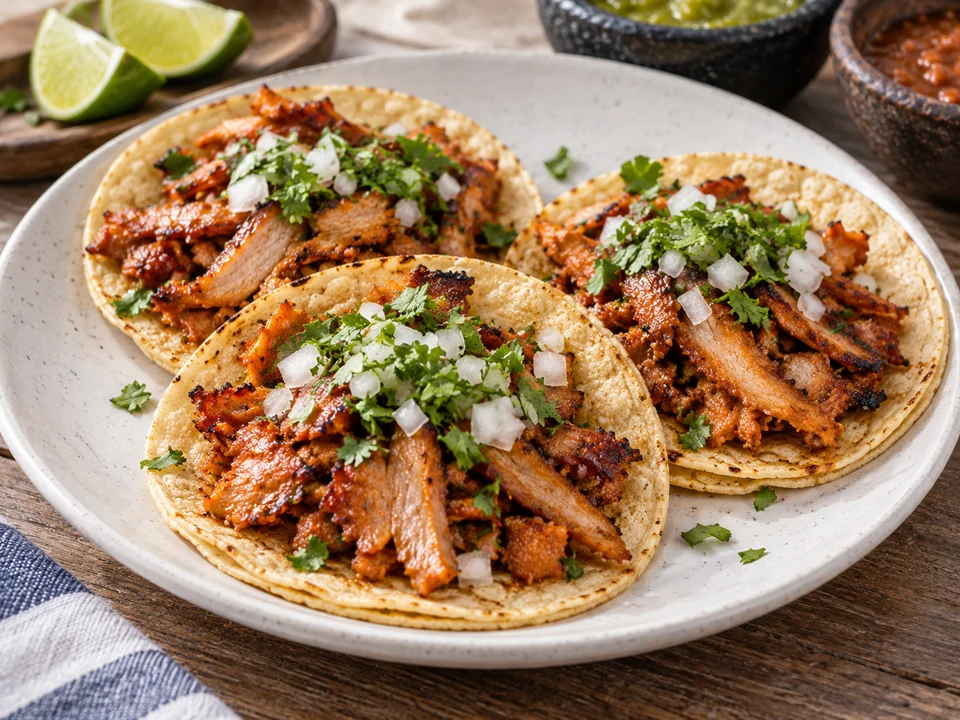 Monterrey-style shaved red-adobo pork with onion and cilantro, without pineapple.