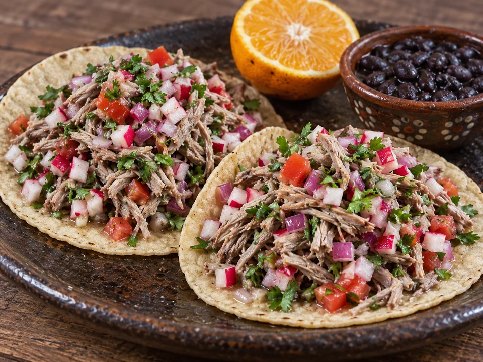 Corn tortillas with shredded venison salpicon, diced radish, red onion and tomato.