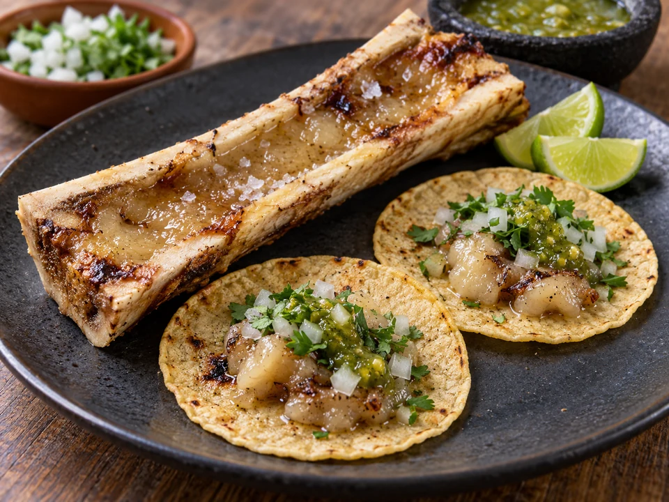 Roasted split marrow bone beside corn tortillas with soft marrow, onion and salsa.