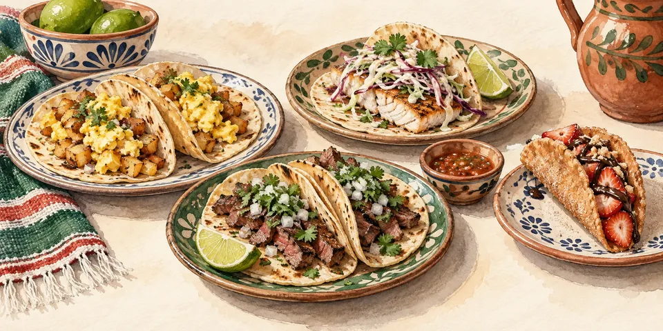 Watercolor illustration of breakfast, fish, steak and dessert tacos