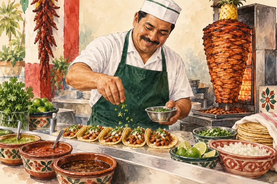 Fictional taquero carefully assembling tacos beside an al pastor trompo