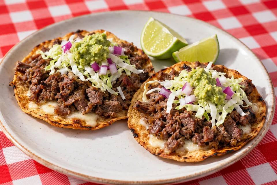 Crisped corn tortillas with cheese, grilled beef, cabbage, red onion and guacamole.