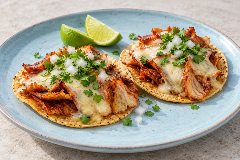 Two toasted corn tortillas topped with al pastor pork, melted cheese, onion and cilantro.
