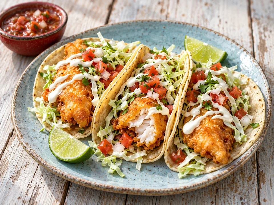 Baja-style battered fish tacos with cabbage, pico de gallo and crema.