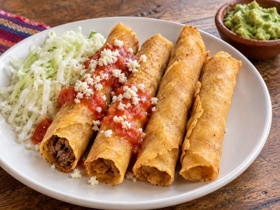 Guatemalan rolled fried tacos with cabbage, tomato salsa and crumbled cheese.