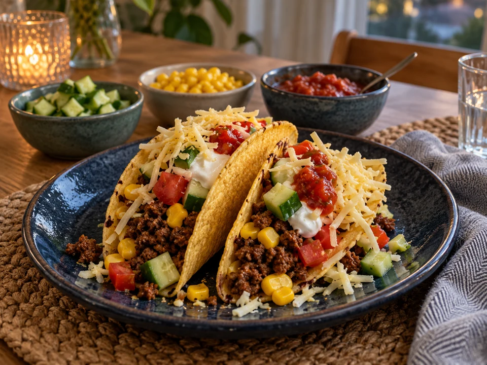 Norwegian Friday tacos with minced beef, sweetcorn, cucumber, cheese and sour cream.