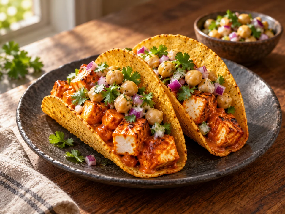 Representative paneer tikka masala tacos with chickpea salsa; a home-recipe illustration.