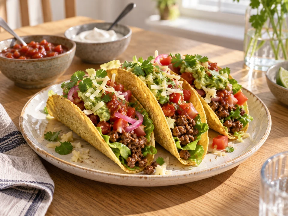 Swedish Friday tacos with minced beef, lettuce, tomato, grated cheese and guacamole.